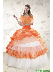 2015 Perfect Strapless Appliques and Beading Quinceanera Dresses in Orange