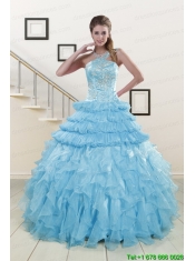 2015 Pretty Baby Blue Sweet 15 Dresses with Beading