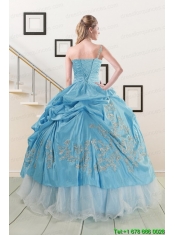 2015 Pretty One Shoulder Appliques and Beaded Quinceanera Dresses in Aqua Blue