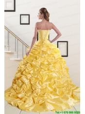 Beading Strapless 2015 Quinceanera Dresses with Sweep Train