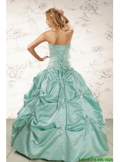Cheap Turquoise Quinceanera Dresses with Appliques and Pick Ups
