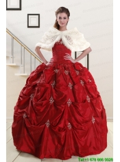 Discount Strapless Wine Red Appliques Quinceanera Dresses for 2015