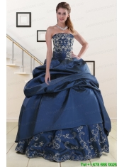 Fast Delivery Embroidery and Beading Quinceanera Dresses in Navy Blue