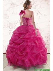 One Shoulder Appliques and Pick Ups Quinceanera Dresses in Fuchsia