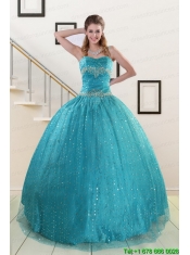 Perfect Spaghetti Straps Appliques Sequins Turquoise Quinceanera Dresses for 2015