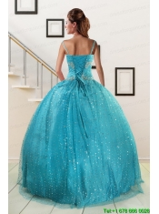 Perfect Spaghetti Straps Appliques Sequins Turquoise Quinceanera Dresses for 2015