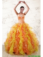 Puffy Luxurious 2015 Quinceanera Dresses with Appliques and Ruffles