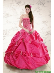 Strapless Hot Pink Quinceanera Dress with Appliques for 2015