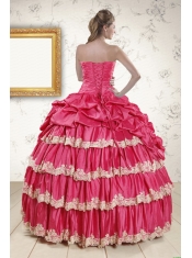 2015 Cheap Appliques Sweet 15 Dresses in Coral Red