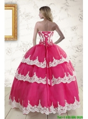 2015 Hot Pink Strapless Quinceanera Dresses with Appliques