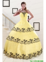 2015 Light Yellow Quinceanera Dress with Appliques and Ruffled Layers