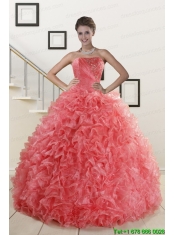 2015 New Arrival Watermelon Red Sweet 15 Dress with Beading