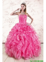 2015 Pretty Hot Pink Quinceanera Dresses with Appliques and Ruffles