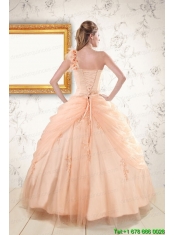 2015 Pretty One Shoulder Appliques Quinceanera Dress in Peach