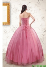 2015 Pretty Pink Quinceaneras Dresses with Appliques and Beading