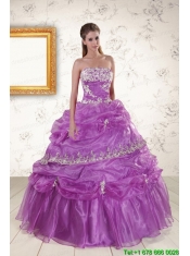 2015 Pretty Strapless Lilac Quinceanera Dresses with Appliques