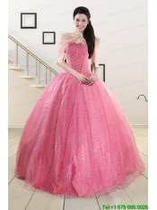 2015 Pretty Strapless Quinceanera Dresses in Rose Pink