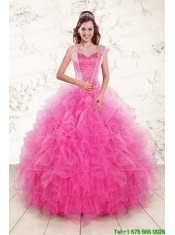 2015 Pretty Straps Hot Pink Quinceanera Dresses with Beading