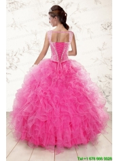 2015 Pretty Straps Hot Pink Quinceanera Dresses with Beading