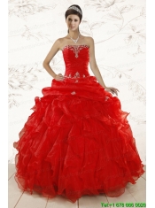2015 Red Ball Gown Strapless Sweet 15 Dresses with Beading and Ruffles