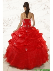 2015 Red Ball Gown Strapless Sweet 15 Dresses with Beading and Ruffles