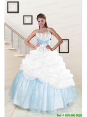 2015 White and Blue Ball Gown Quinceanera Dress with Halter