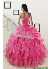 Appliques and Ruffles 2015 Hot Pink Quinceanera Gowns