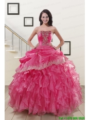 Appliques and Ruffles 2015 Hot Pink Quinceanera Gowns