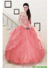 Watermelon Sweetheart Beading Appliques Ball Gown Sweet 16 Dresses