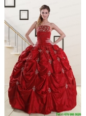 Wine Red Strapless 2015 Quinceanera Dresses with Appliques