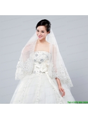 2014 Cheap Two-Tier White Fingertip Veil with Lace Edge