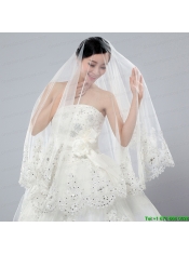 2014 Cheap Two-Tier White Fingertip Veil with Lace Edge