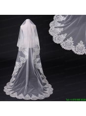 2014 Cheap Two-Tier White Fingertip Veil with Lace Edge