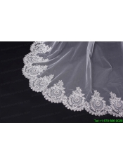 2014 Cheap Two-Tier White Fingertip Veil with Lace Edge