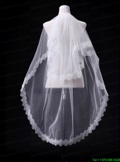 2014 Simple One-Tier Bridal Veils with Lace Appliques Edge