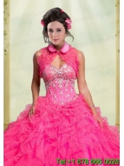 Beautiful Ruffles Organza Button Sleeveless Quinceanera Jacket in Hot Pink