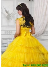 Beautiful Yellow Tulle Quinceanera Jacket with Appliques and Ruffles