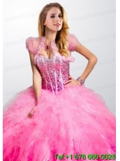 Elegant Pink Organza Open Front Quinceanera Jacket with Ruffels and Beading