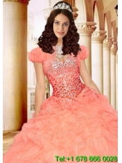 Excellent Peach Organza Quinceanera Jacket with Ruffles and Beading