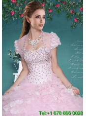 Fashionable Baby Pink Organza Quinceanera Jacket with Beading and Ruffles