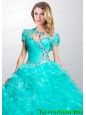 Gorgeous Turquoise Organza Quinceanera Jacket with Ruffles and Beading