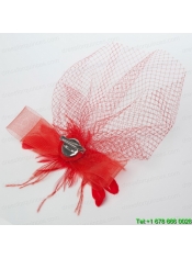 Romantic Red Feather Net Yarn Briadl Hat with Imitation Pearls