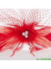Romantic Red Feather Net Yarn Briadl Hat with Imitation Pearls