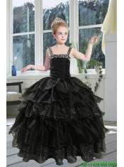 2015 Fashionable Black Straps Sequins Ruffles Organza Little Girl Pageant Dress