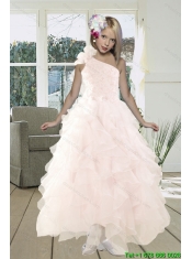 2015 Gorgeous A Line One Shoulder Baby Pink Prom Dress with Beading and Ruffles