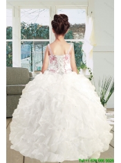 2015 Spaghetti Straps Embroidery Ruffles White Organza Little Girl Pageant Dress