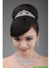 Alloy Rhinestone Intensive Flower Jewelry Set With Crown Necklace And Earrings