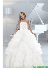 Appliques and Ruffles White delicate Little Girl Pageant Dress with Spaghetti Straps