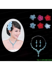 Blue Crystal Round Shaped Jewelry Set Including Necklace And Headflower