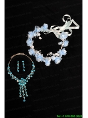 Blue Flowers Rhinestone Jewelry Set Including Necklace And Earrings